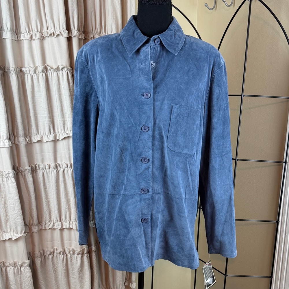 Clothes By Revue Women's Blue 100% Suede Leather Shirt Jacket Size L NWT